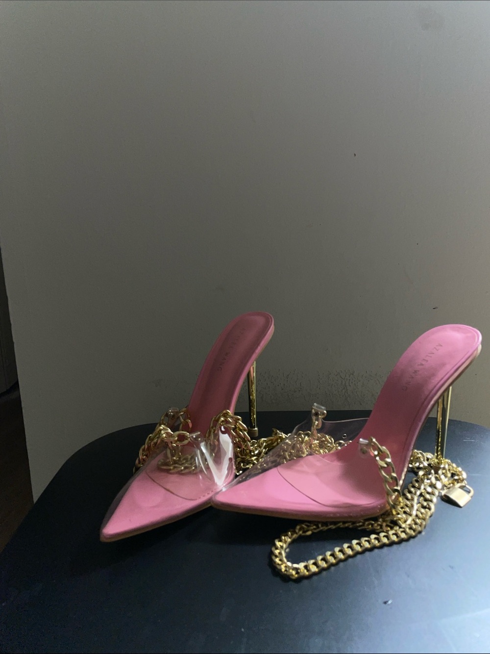AKIRA Pink Pointed Stiletto Mules with Gold Chain